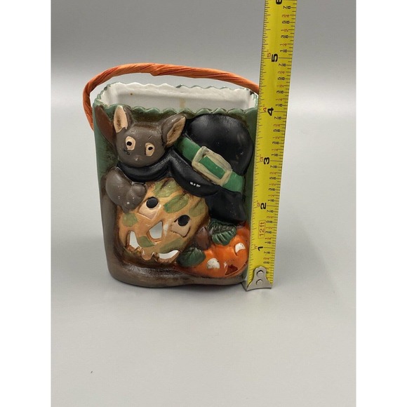 RIVER GROVE POTTERY - Ceramic Halloween Scarecrow Pumpkin Bat 4” Treat Bag - Picture 5 of 6